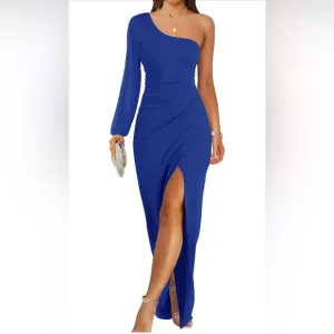 ZESICA One Shoulder Long Sleeve Cocktail Dress Sexy High Slit Ruched Bodycon