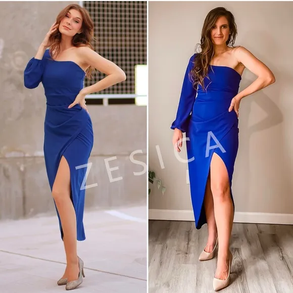 ZESICA One Shoulder Long Sleeve Cocktail Dress Sexy High Slit Ruched Bodycon