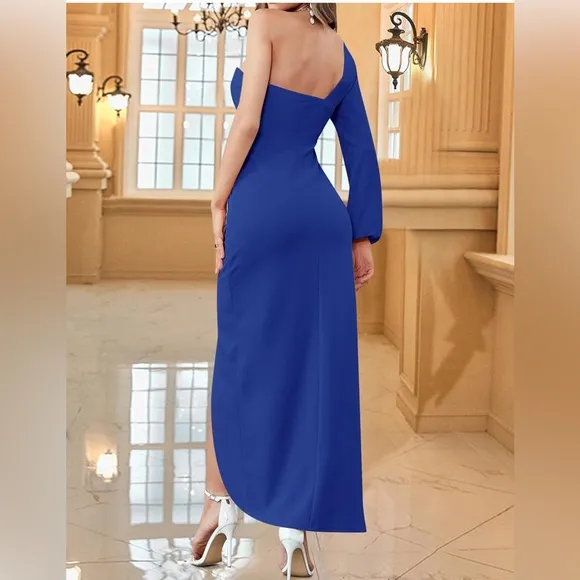 ZESICA One Shoulder Long Sleeve Cocktail Dress Sexy High Slit Ruched Bodycon